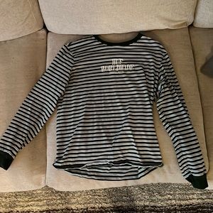 HUF Worldwide authentic dark green, white, and teel striped long sleeve shirt